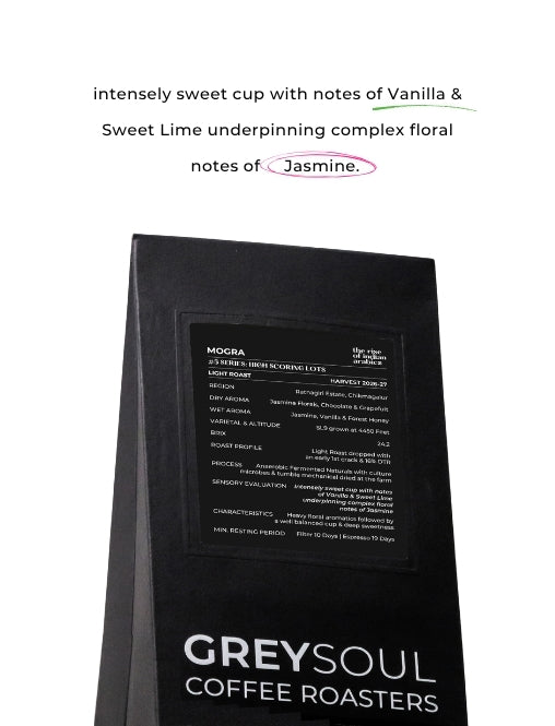 Black coffee bag with text detailing coffee flavor profile and brand name on a white background grey soul coffee mogra
