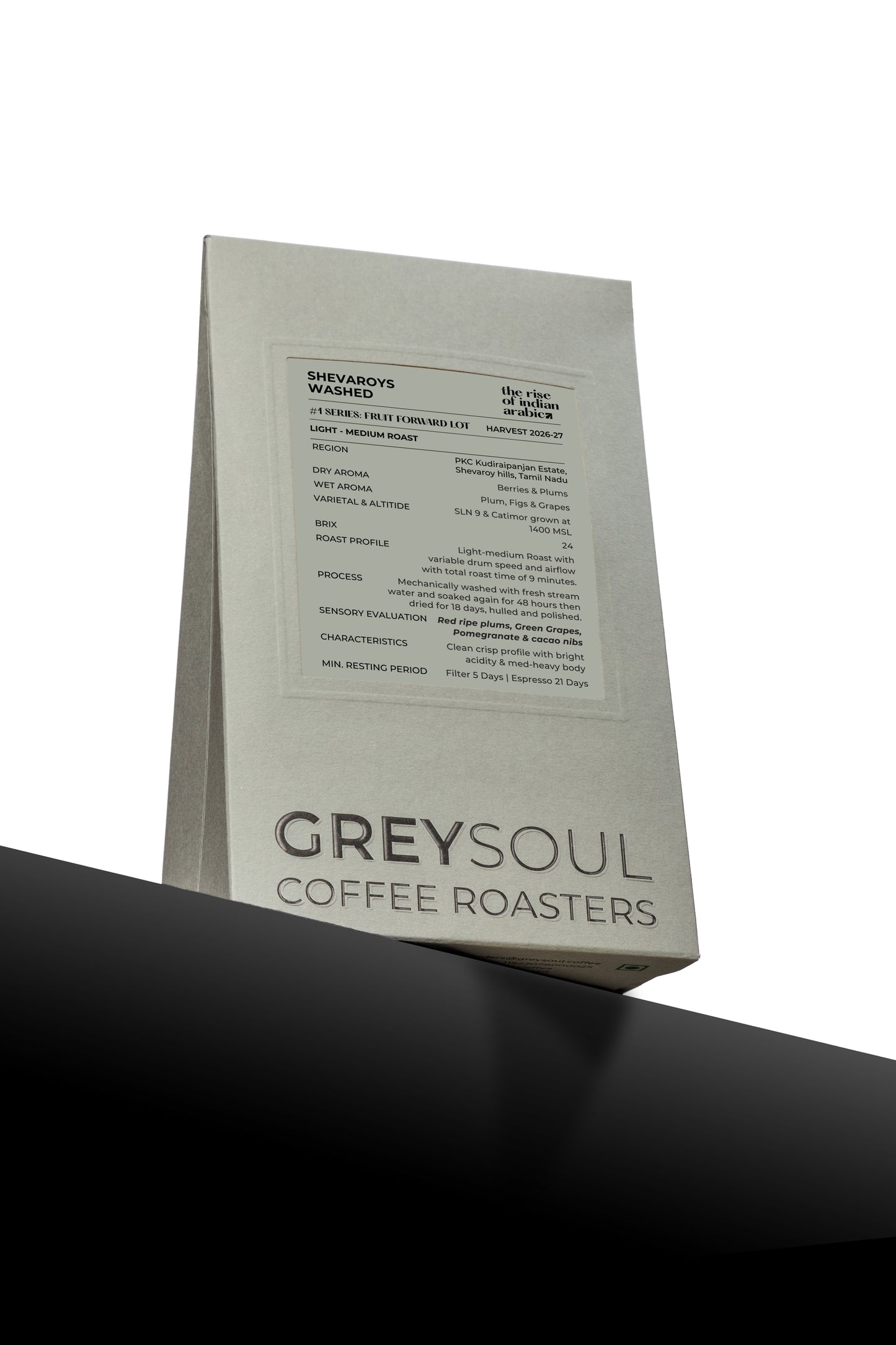 Coffee bag from Greysoul Coffee Roasters on a black surface with a white background