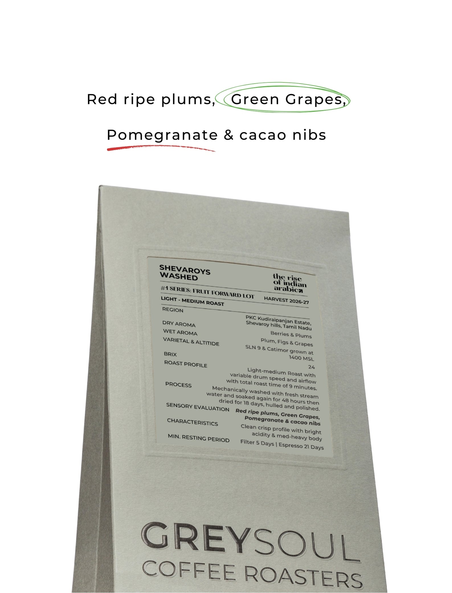 Greysoul Coffee Roasters package with coffee flavor description on a white background Tamil Nadu Yercaud coffee