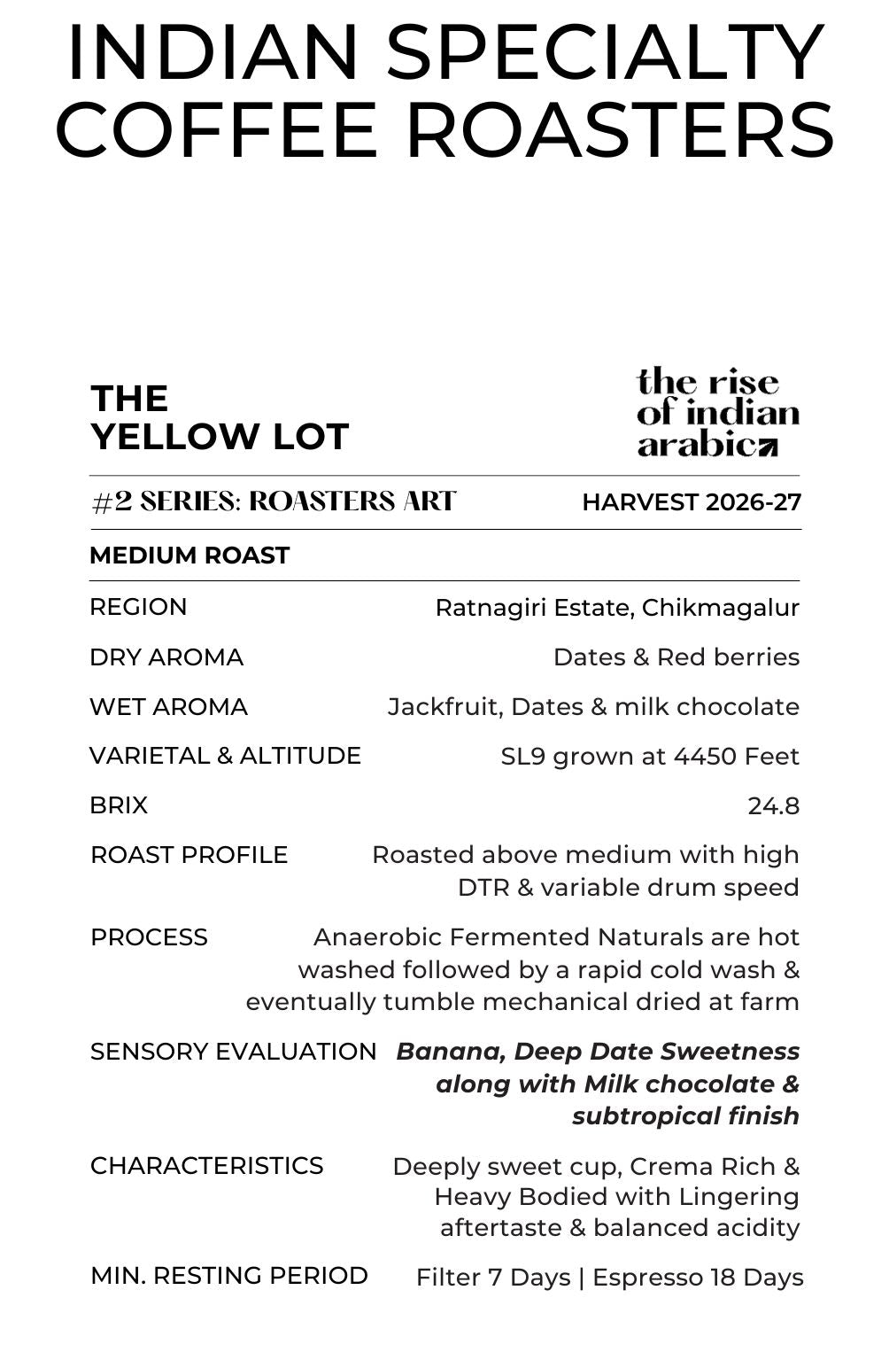 Product label for 'The Yellow Lot' coffee from Indian Specialty Coffee Roasters with details on roast profile and sensory evaluation.